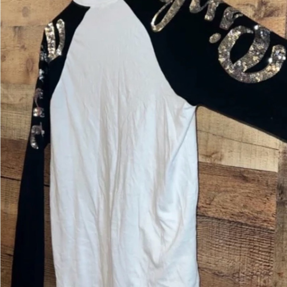 PINK Victoria's Secret Black and White Sequin Sleeve Top